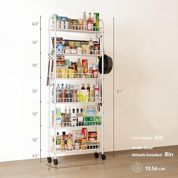 6-Tier Slim Storage Cart, Rolling Kitchen Cart with Wheels, Narrow Metal Shelf Organizer with Hooks for Kitchen, Bathroom, Living Room, Laundry, Small Spaces (White, 6 in)