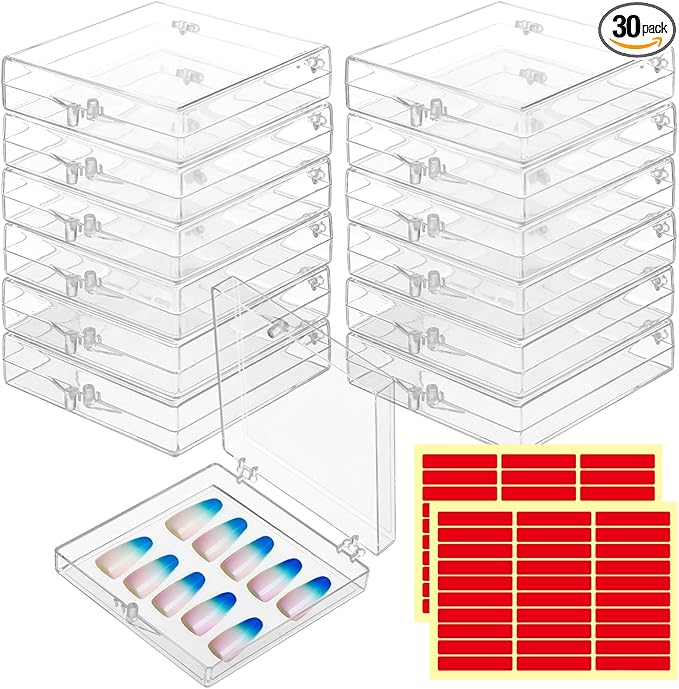 30 PCS Press on Nail Storage Boxes, Clear Nail Container with Double-Sided Tape, Acrylic Artificial Nail Display Box, Transparent Acrylic Nail Organizer Case, Small Acrylic Box for Nail Salon