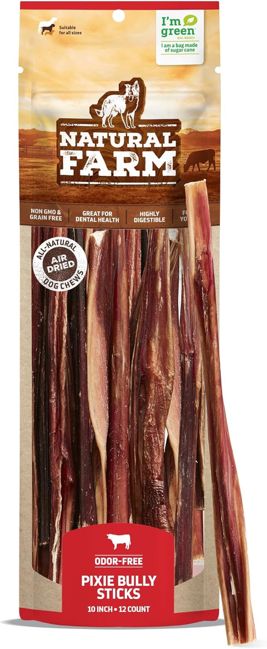 Natural Farm Pet Pizzle Bully Sticks (10 Inch, 12 Pack), Pixie Chew, Extra-Thin Pet Treats - Grain-Free, High Protein, Best Rawhide Alternative for Small, Puppies or Senior Dogs