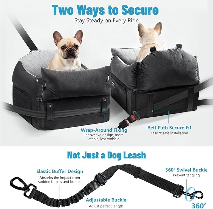 EASTBLUE Dog Car Seat for Small Medium Dogs Up to 35 lbs, 2 Memory Foam Pads Dog Booster Car Seat with Seat Belt, Washable Pet Carseat for Puppy & Cat, Dogs Travel Bed for Cars (Black/Grey-Velvet)