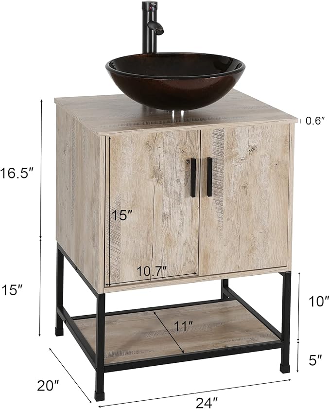 eclife 24" Bathroom Vanity Sink Combo Modern Metal Stand Cabinet W/Bottom Shelf Brown Round Vessel Sink & Water Save Faucet & Pop Up Drain, Oak (A09)