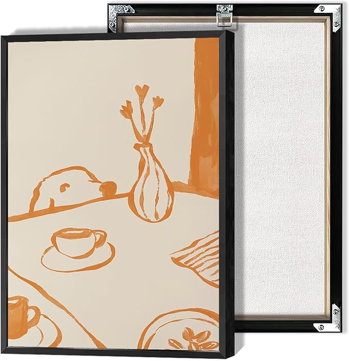Cute Sneaky Dog Kitchen Poster Scandi Breakfast Coffee Canvas Wall Art Whimsical Abstract Animal Sketch Aesthetic Prints Painting For Living Room Kitchen Dining Room Wall Decor 24x36in Framed