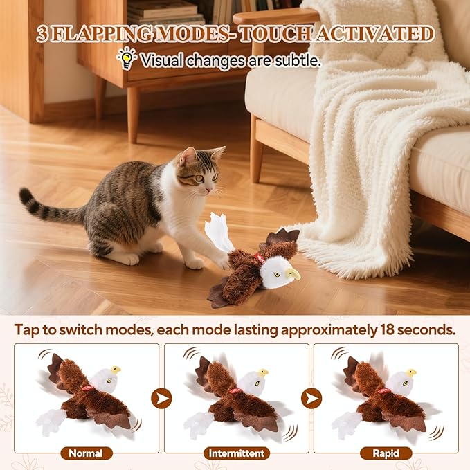 Flappy Bird Cat Toy, Interactive Flapping & Chirping Cat Toys for Indoor Cats, Rechargeable Cat Toys with Catnip, Touch Activated, Floppy Eagle NO Flying