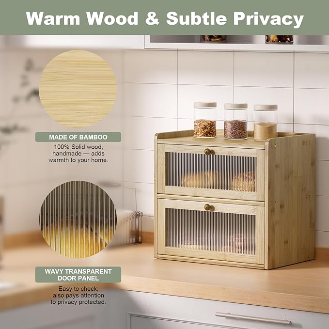 Bread Box for Kitchen Countertop Wooden Bread Storage Container Bin 2 Layer Corner Breadbox Large Capacity, Vintage Farmhouse Food Organizer Pantry Shelf with Window - Natural Bamboo