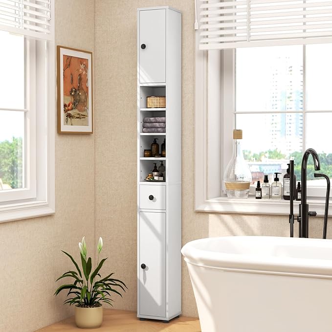 LDAILY 71”Tall Narrow Storage Cabinet, Skinny Bathroom Storage with 1 Drawer, 2 Doors, 5 Adjustable Shelves and Anti-Tipping Device, Wooden Slim Bathroom Cabinet for Office, Kitchen, Small Space