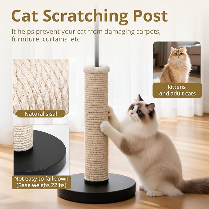 61 Inches Cat Scratching Post with Floor Lamp,Durable Natural Sisal and Heavy Duty Base,Suitable for Living Room Bedroom Dining Room Kitchen