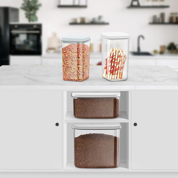 4.2Qt 2Pack Airtight Dog Cat Food Storage Container and Dog Treat Containers BPA-Free, PET Clear Stackable Pet Storage Bin, 1 Cup Scoop, 1 Sponge cleaning brush, Pop Top, With handle (Grey)