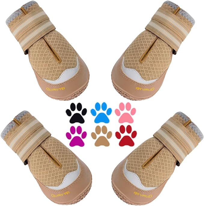 QUMY 4PCS Dog Boots for Large Dogs, Medium Dog Shoes & Paw Protectors for Hot Pavement, Summer Heat Protection, Mesh Breathable Nonslip Dog Booties for Hardfloors, Walking Running Hiking Khaki Size 1