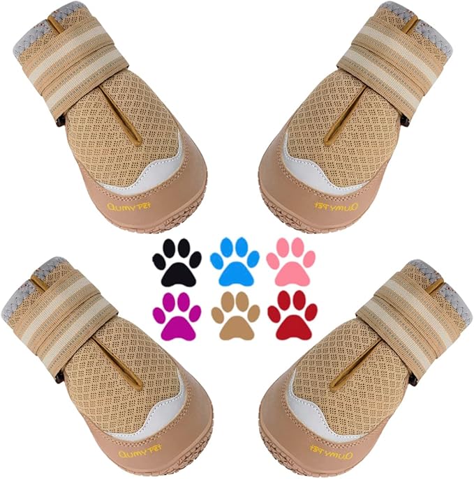 QUMY 4PCS Dog Boots for Large Dogs, Medium Dog Shoes & Paw Protectors for Hot Pavement, Summer Heat Protection, Mesh Breathable Nonslip Dog Booties for Hardfloors, Walking Running Hiking Khaki Size 8