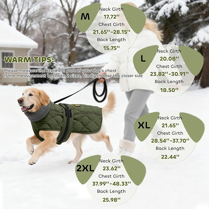 Dog Coats, Warm Puppy Apparel with Fleece Lining for Cold Weather, Windproof Medium Dog Winter Jacket, Reflective Dogs Snow Coat with Leash Hole and Adjustable Buckle, NewGreen M