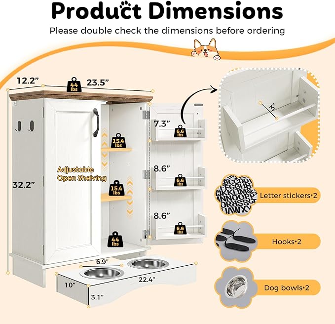 Pet Food Storage Cabinet with Bowls, Dog Food Feeding Station with Storage, Dog Food Cabinet with Adjustable Shelves, Hooks, Letter Stickers, Pet Organizer and Storage for Cat/Dog, White&Oak