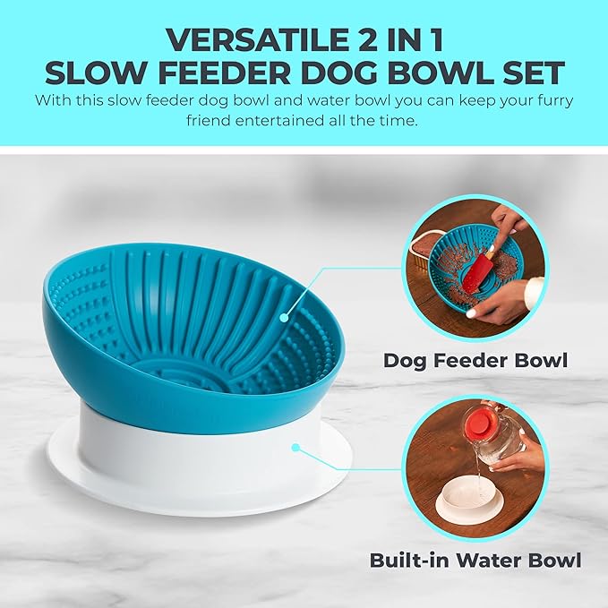 Slow Feeder Dog Lick Bowl 2in1 Elevated Set – Silicone Mat with Suction & Raised Stand, Puzzle Design Slows Eating, Anti-Bloat Interactive Dish, Dishwasher Safe, Blue