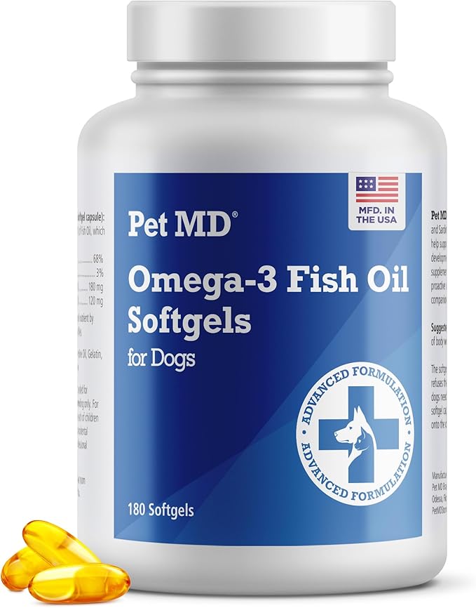Pet MD – Omega 3 Fish Oil Supplement for Dogs – Skin and Coat Support for Dogs – 180 Softgels
