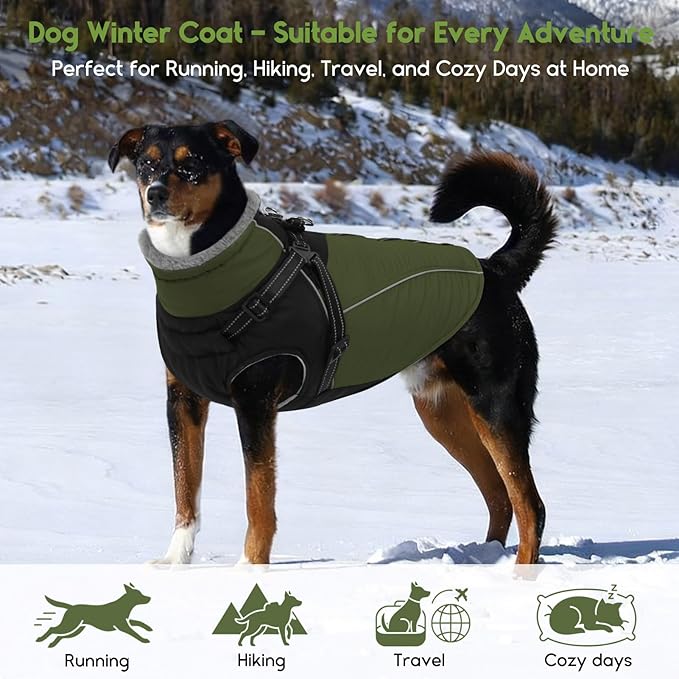 ASENKU Reflective Dog Coat with Built-in Harness, Windproof Fleece-Lined Dog Jacket for Small, Medium, Large Dogs, Warm Winter Vest with Turtleneck & Zipper (Green M)