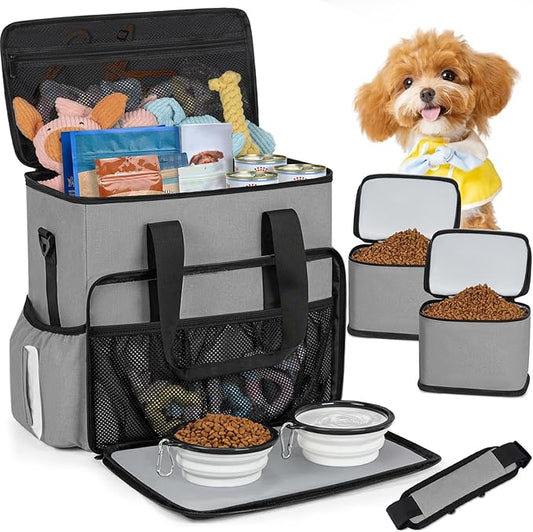Dog Travel Bag,Large Pet Travel Bag for Supplies with 2 Food Container and Collapsible Bowls,Dog Travel Supplies Organizer Kit for Weekend,Road Trips,Camping