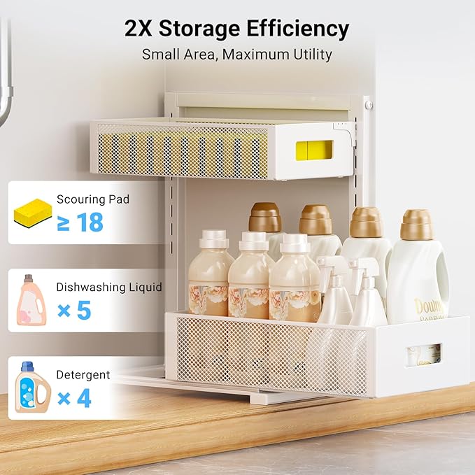 Pull-out Under Sink Organizer – Height Adjustable Metal Storage for Kitchen & Bathroom (White)
