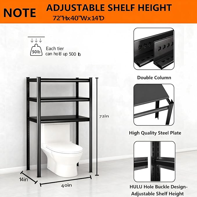 Over Toilet Storage Shelves, 5 Tier Adjustable Steel Shelf, Freestanding Metal Bathroom Space Saver, Waterproof&Rustproof Oraganizer with Reinforced Columns, Ideal for Laundry Bathroom,40W*14D*72H
