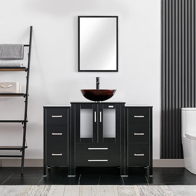 eclife 48" Modern Bathroom Vanity Sink Combo Freestanding Cabinet with Small Side Cabinet, Brown Round Glass Vessel Sink, Water Save Faucet, Drain (Black+A09)