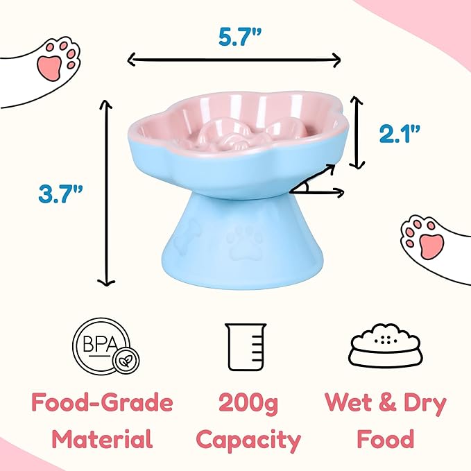 Detachable Slow Feeder Cat Bowl, Melamine Elevated Cat Bowls - Heavy Weighted, Tilted Raised Slow Feeder, Non-Slip Small Dogs Slow Feeders Bowl, Dry & Wet Food, Whisker Friendly(Pink, 5.8"