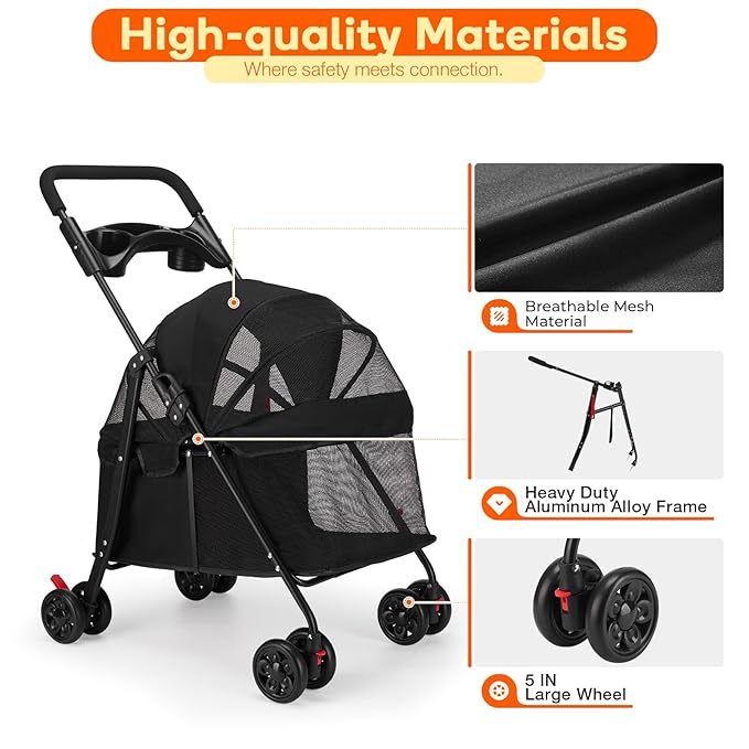 Foldable Pet Stroller for Small/Medium Dogs & Cats up to 22 lbs - Lightweight 4-Wheel Design with Sun Canopy, Storage Basket & Breathable Mesh Windows