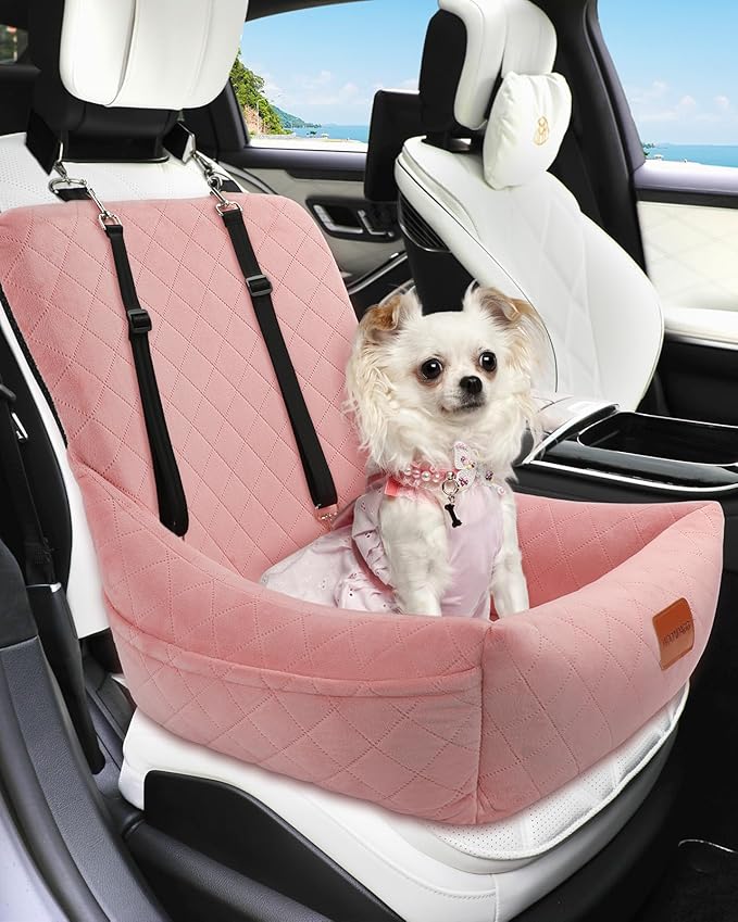 Dog Car Seat,Pet Booste Bed with Seatbelt,Washable Dog Car Travel Bed Easy to Assemble, Clip-On Safety Leash and Storage Pocket (Pink)