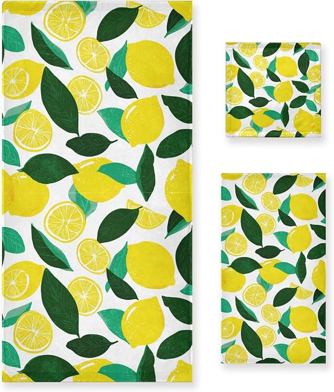Pfrewn Fresh Lemon Towels Set of 3 Yellow Lemons Leaves Bathroom Towel Soft Absorbent Bath Hand Towels Washcloth Guest Towel Sets Bathroom Decorations