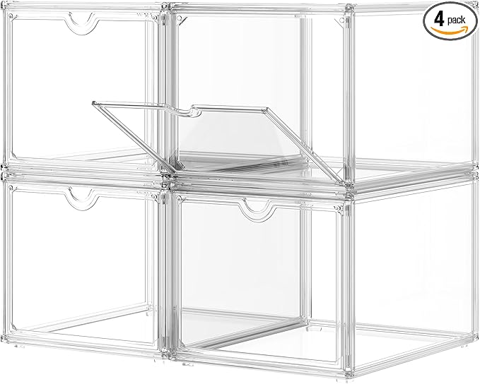 Clear Shoe Storage Boxes Stackable, Display Case With Magnetic Door, 4 Pack Acrylic, Plastic Shoe Boxes With Lids, Sneaker Storage