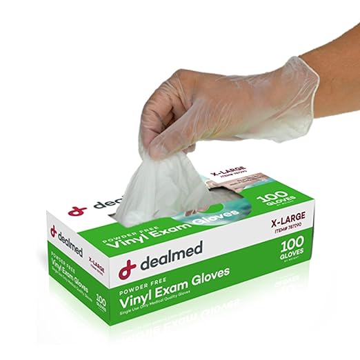 Dealmed Vinyl Exam Gloves – Disposable Non-Irritating Medical Gloves, Latex Free, First Aid Kits and Medical Facilities, 100 Count (X-Large Pack of 1)