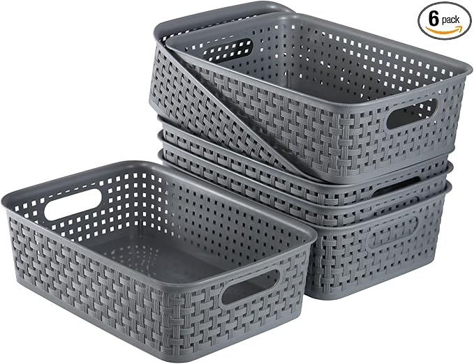 Plastic Storage Baskets - 6 Pack, Gray, Woven Storage Organizer Basket Small Stackable Plastic Weave Baskets, 10.6 x 7.2 x 3.1 inches