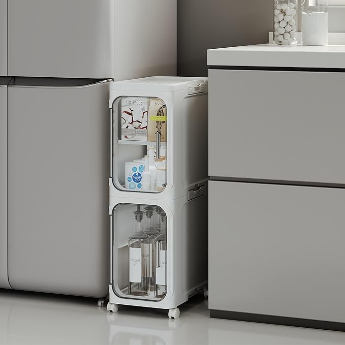 2-Tier Tall Narrow Storage Cabinet, Slim Bathroom Storage Cabinet with Adjustable Shelves and Wheels, Narrow Organizer for Small Space, Bathroom, Kitchen, Laundry, White