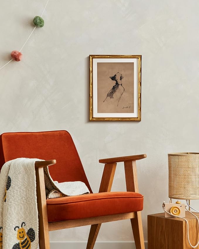 HUARCEY Dog Silhouette Mid Century Modern Abstract Wall Art 11x14 Inch, Gold Framed Minimalist Animal Figure Sketch Canvas Artwork, Classic Elegant Line Art Living Room Bedroom Home Decor