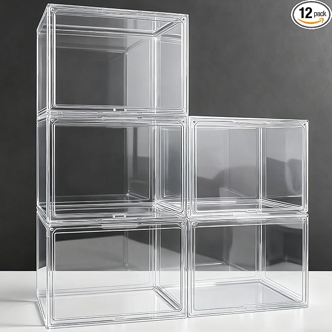 12 Pack X-Large Acrylic Purse Storage Display Case 14.1x8.9x10.6'',Size 15 Clear Shoe Box,Stackable Sneaker Case with Magnetic Lid, Multipurpose Closet Storage Bin for Handbag,Cosmetics,Collectibles