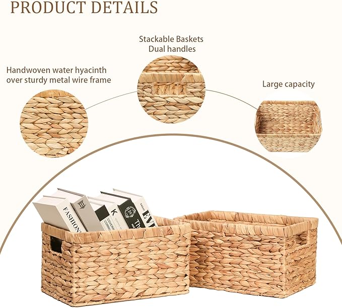 Wicker Storage Basket,Storage Basket with Built-in Handles, Water Hyacinth Storage Baskets for Organizing, Large Wicker Baskets for Storage, Woven Basket for Bedroom, Living Room(2Pack)