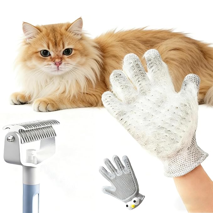 2-in-1 Spray Undercoat Brush & Fur Removal Gloves Combo Set - White - Dematting, Deshedding Grooming Tool with Water Spray Function for Dogs and Cats - Easy Fur Removal & Shed Control