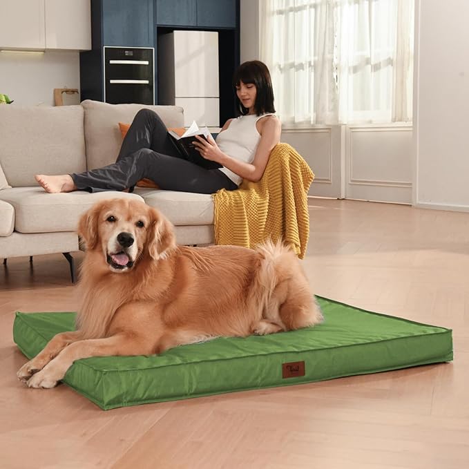 Outdoor Extra Large Dog Crate Bed, XXL Waterproof Dog Bed for Giant Breeds Dogs, 47x29 Inch Orthopedic Egg Crate Foam Pet Mat with Removable Cooling Cover, Light Green