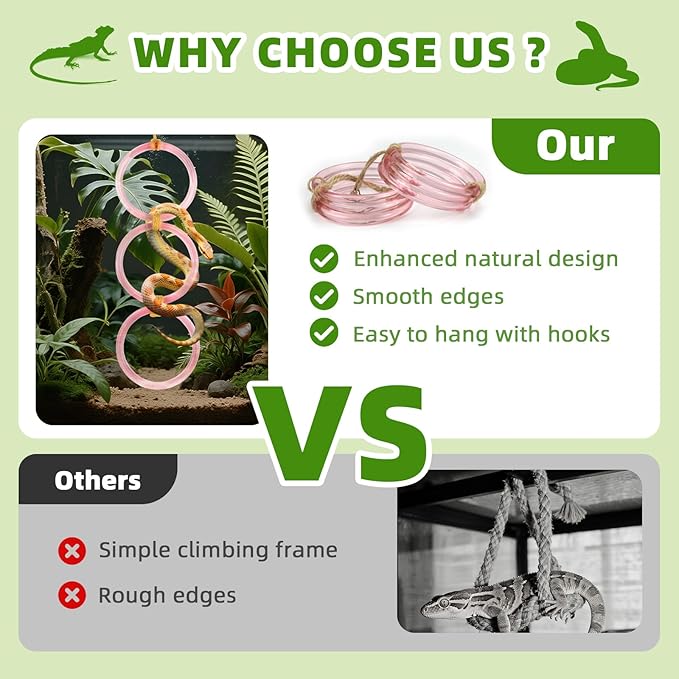 2 PCS Reptile Climbing Loops, Snake Climbing Rings, Snakes Tank Accessories for Ball Python & Climb Pet-Terrarium Enrichment Toys for Snakes, Iguana, Chameleon, Parrot, Lizard (Pink)