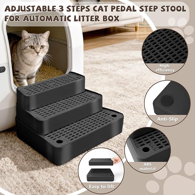 Adjustable 3 Steps Cat Ramp for Litter Box, Detachable Cat Pedal Step Stool with Filter Function, Double Layered Cats Litter Trapper, Suitable for Small&Elderly Cats, Non-Slip(Black)