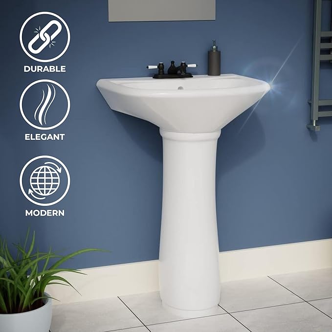 Small Bathroom Pedestal Sink White With Overflow Centerset Faucet Holes Grade A Vitreous China 33 Inch Tall x 16 Inch Wide x 14 Inch Projection Space Saving Ondine Design Renovator's Supply