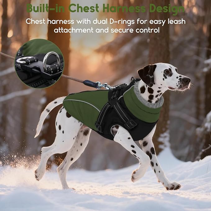 ASENKU Reflective Dog Coat with Built-in Harness, Windproof Fleece-Lined Dog Jacket for Small, Medium, Large Dogs, Warm Winter Vest with Turtleneck & Zipper (Green L)