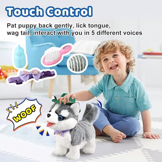 Walking Husky Barking Dog Toy for Child Kid Licking Talking Puppy with Leash, Interactive Puppy that Barks Tail Wagging Plush Robot Dog Singing Electric Pet Pretend Dress Up Christmas Boy Girl Gift