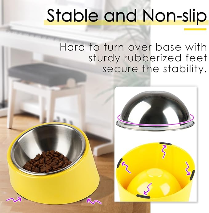 SuperDesign Mess Free 15° Slanted Bowl for Dogs and Cats, Tilted Angle Bulldog Bowl Dog Feeder, Non-Skid & Non-Spill, Easier to Reach Food M/1 Cup Bright Yellow