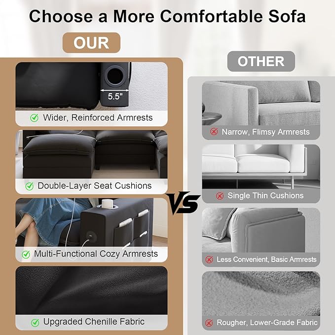 152" Modular Sectional Sofa, U Shaped Cloud Couch with Movable Ottoman, Chenille Deep Seat Cloud Sofa with Charging Station, Cup Holder, Side Pocket, Sectional Couches for Living Room, Black
