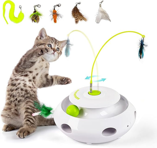 ALL FOR PAWS 3 in 1 Interactive Flutter Bug Cat Toy with Rolling Balls, Whack-a-Mole Feather Toy Automatic Kitten Spinner Toys, Mental Stimulation for Indoor Cats,Includes 6 Teaser Refills