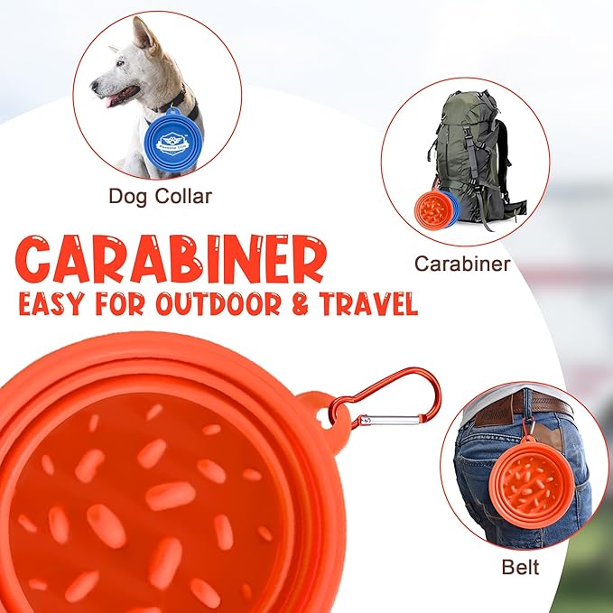 Large Collapsible Dog Bowls (34oz), 2 Pack 2 Colors Pet Travel Foldable Bowl and Slow Feeding Frisbee with Carabiners, Healthy, Soft Silicone, Portable Essential Set for Walking, Travel, and Hiking