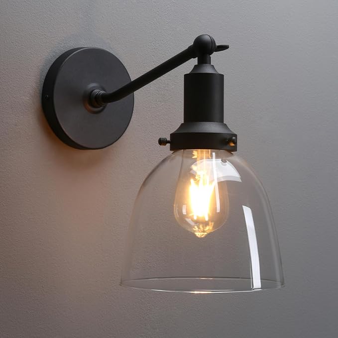 PERMO Industrial Sconces Slope Pole Sconce with 6.7" Oval Dome Clear Glass Shade Matte Black Wall Sconce Wall Mount Light Fixture for Bathroom Bedroom Entryway Home Office Kitchen