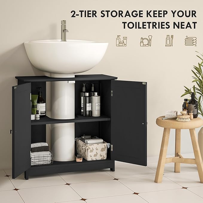 kleankin 23.5" Pedestal Sink Storage Cabinet, Freestanding Bathroom Under Sink Cabinet with U-Shape Cut-Out and Adjustable Shelf, Black