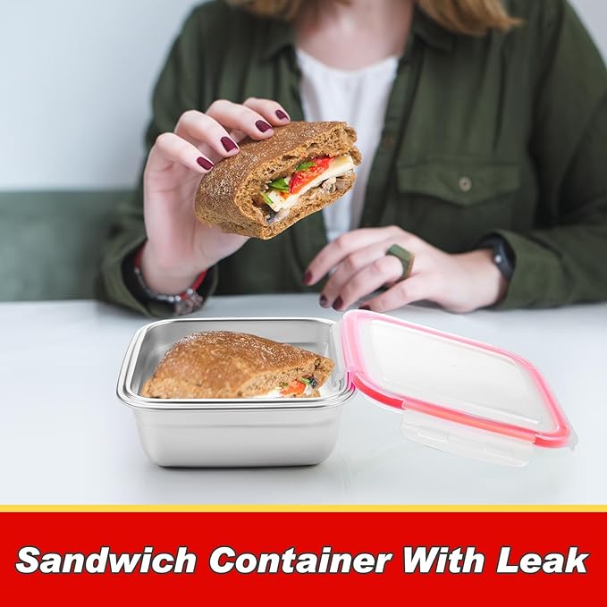 4 Pack Stainless Steel Sandwich Containers with Lids 25.4 oz Metal Food Container for Lunch Boxes with Airtight Silicone Seal for Sandwiches and Snacks(Red)