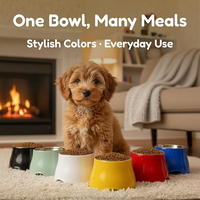 Elevated Spaniel Dog Bowl, Melamine Raised Dog Food Bowl for Long-Eared Dogs, Raised Dog Bowls for Small Dogs, Stainless Steel Inner Bowl, Non-Slip Base (Puppy & Kitten Pals, M (420 ML / 1.5 Cups)