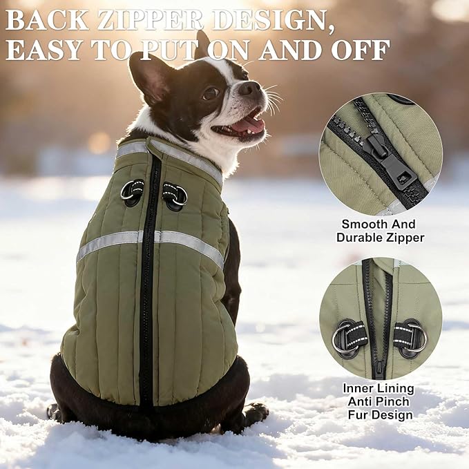 EXPAWLORER Dog Winter Coat Jacket, Thick Warm Waterproof Reflective Puppy Snowsuit With Harness Buit In, Pet Fleece Vest Soft Turtleneck With Zipper Cold Weather For Small Medium Large Dogs - Green, L