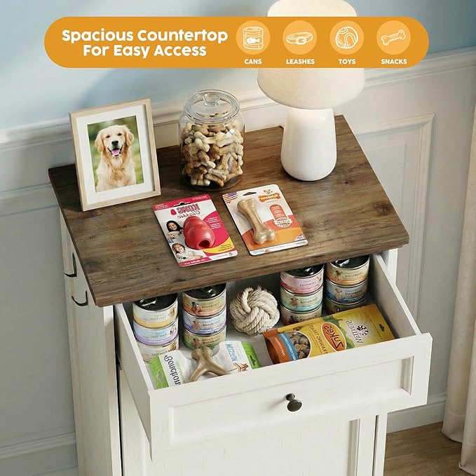 13’’ D x 21’’W x 39’’ H Dog Feeding Station with Storage, Tilt Out Dog Food Cabinet with Drawer, 2 Feeding Bowls, Pet Food Storage, Cat Feeding Station, (White Oak Grain)